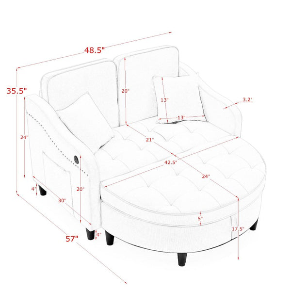 English Elm Two-Seater Sofa with Reclining Back USB Port Footstool Storage and Side Pockets W1413P533023
