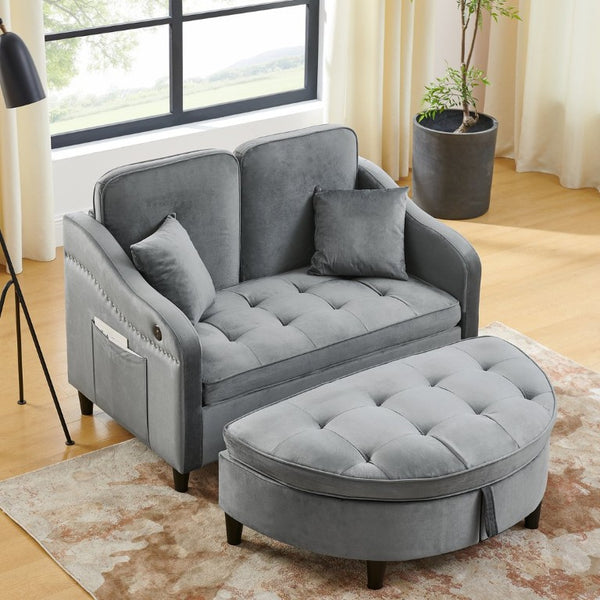 English Elm Two-Seater Sofa with Reclining Back USB Port Footstool Storage and Side Pockets W1413P533023