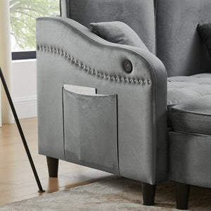 English Elm Two-Seater Sofa with Reclining Back USB Port Footstool Storage and Side Pockets W1413P533023