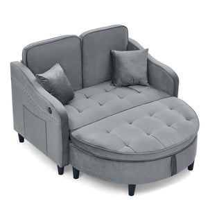 English Elm Two-Seater Sofa with Reclining Back USB Port Footstool Storage and Side Pockets W1413P533023