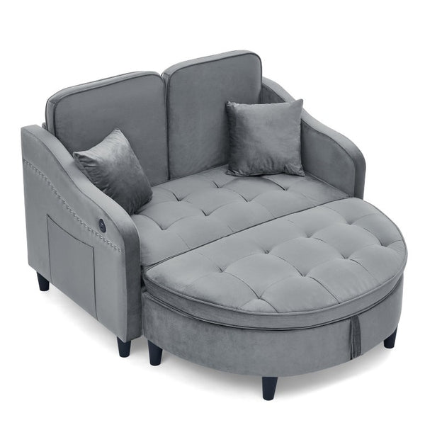 English Elm Two-Seater Sofa with Reclining Back USB Port Footstool Storage and Side Pockets W1413P533023