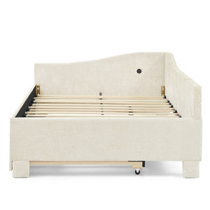 English Elm Twin Chenille Daybed with Pull Out Trundle Nailhead Trim and Built in Usb Charging Beige W1413S00200