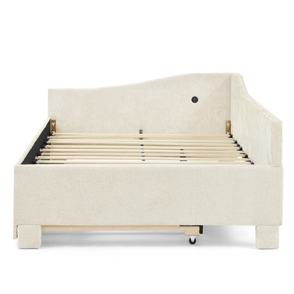 English Elm Twin Chenille Daybed with Pull Out Trundle Nailhead Trim and Built in Usb Charging Beige W1413S00200