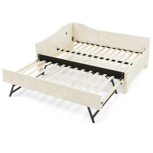 English Elm Twin Chenille Daybed with Pull Out Trundle Nailhead Trim and Built in Usb Charging Beige W1413S00200