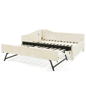 English Elm Twin Chenille Daybed with Pull Out Trundle Nailhead Trim and Built in Usb Charging Beige W1413S00200