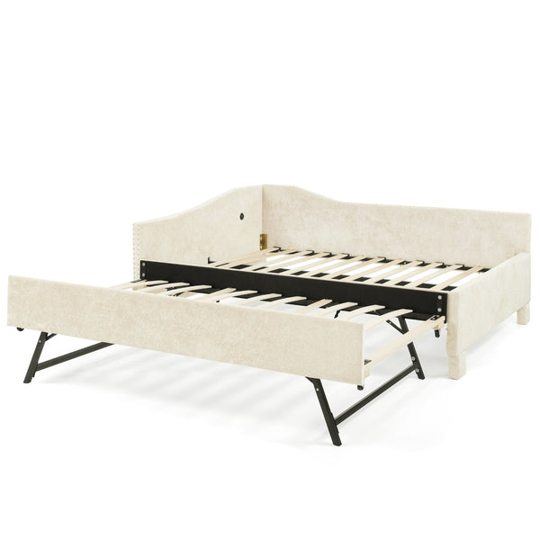 English Elm Twin Chenille Daybed with Pull Out Trundle Nailhead Trim and Built in Usb Charging Beige W1413S00200