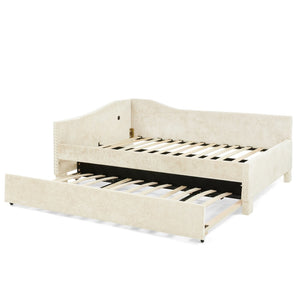 English Elm Twin Chenille Daybed with Pull Out Trundle Nailhead Trim and Built in Usb Charging Beige W1413S00200