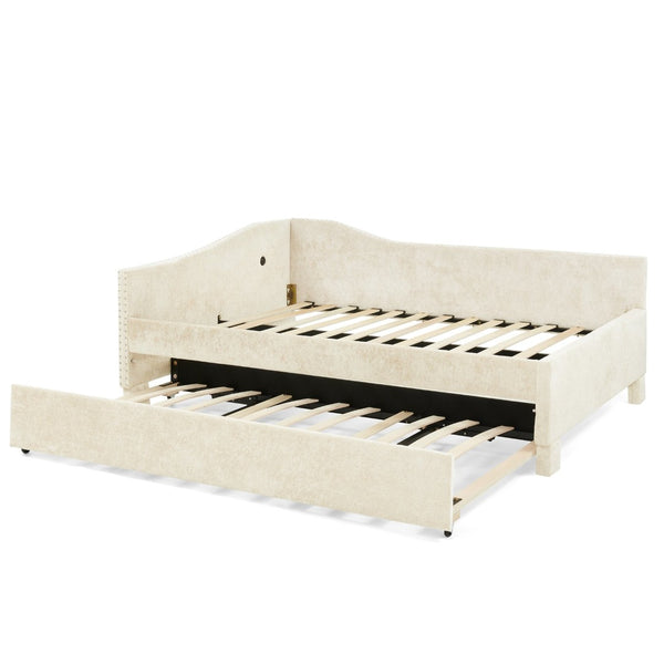 English Elm Twin Chenille Daybed with Pull Out Trundle Nailhead Trim and Built in Usb Charging Beige W1413S00200