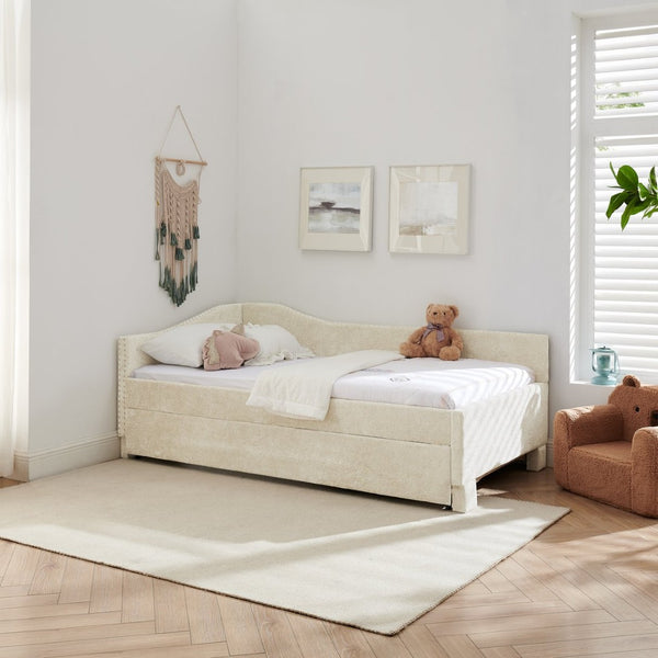 English Elm Twin Chenille Daybed with Pull Out Trundle Nailhead Trim and Built in Usb Charging Beige W1413S00200
