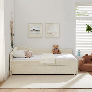 English Elm Twin Chenille Daybed with Pull Out Trundle Nailhead Trim and Built in Usb Charging Beige W1413S00200