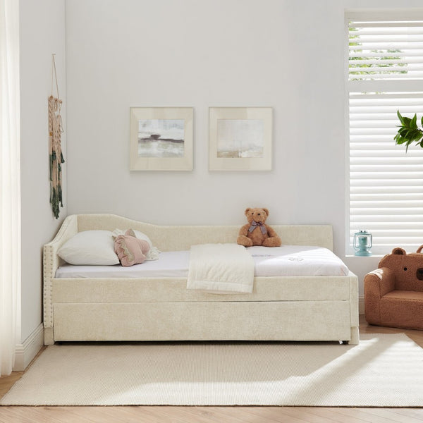 English Elm Twin Chenille Daybed with Pull Out Trundle Nailhead Trim and Built in Usb Charging Beige W1413S00200