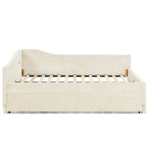 English Elm Twin Chenille Daybed with Pull Out Trundle Nailhead Trim and Built in Usb Charging Beige W1413S00200