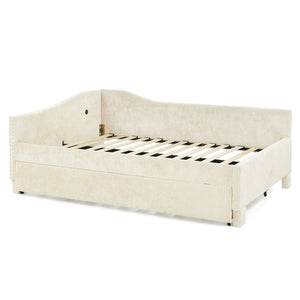 English Elm Twin Chenille Daybed with Pull Out Trundle Nailhead Trim and Built in Usb Charging Beige W1413S00200