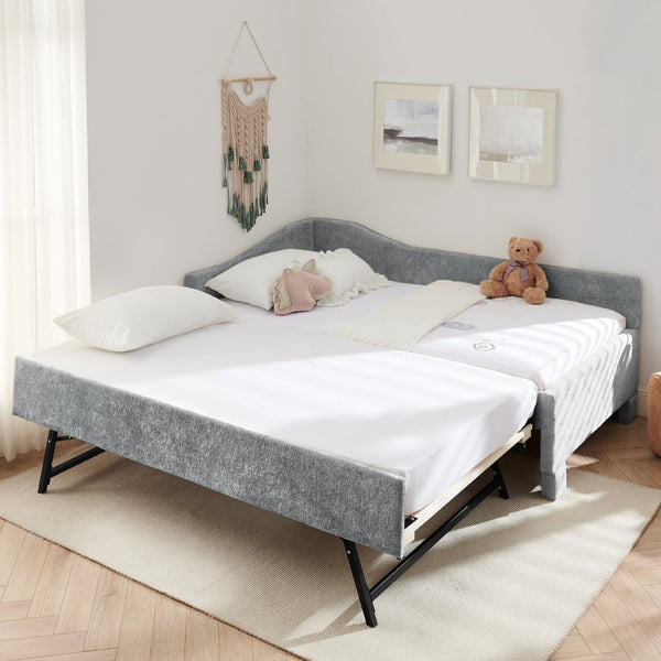English Elm Twin Chenille Daybed with Pull Out Trundle Nailhead Trim and Built in Usb Charging Grey W1413S00201
