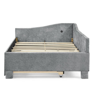 English Elm Twin Chenille Daybed with Pull Out Trundle Nailhead Trim and Built in Usb Charging Grey W1413S00201