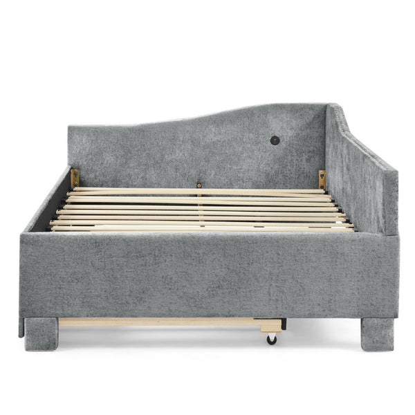 English Elm Twin Chenille Daybed with Pull Out Trundle Nailhead Trim and Built in Usb Charging Grey W1413S00201