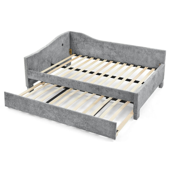 English Elm Twin Chenille Daybed with Pull Out Trundle Nailhead Trim and Built in Usb Charging Grey W1413S00201