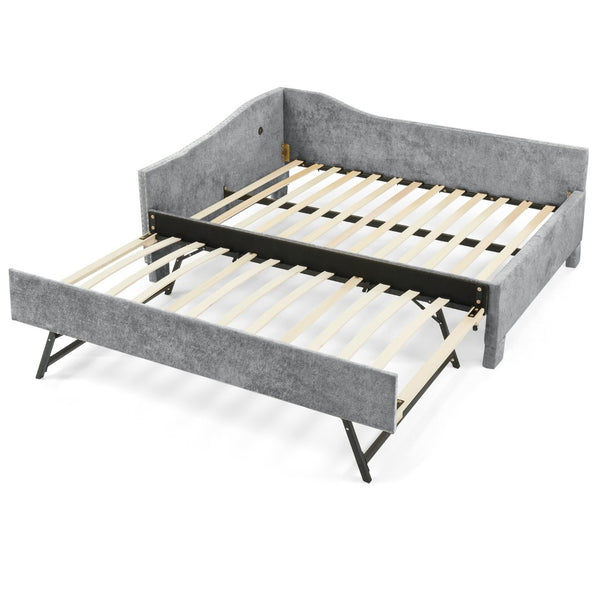English Elm Twin Chenille Daybed with Pull Out Trundle Nailhead Trim and Built in Usb Charging Grey W1413S00201