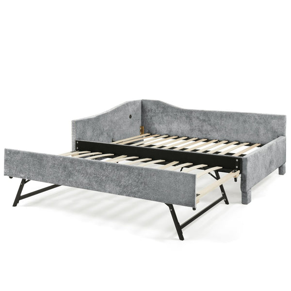 English Elm Twin Chenille Daybed with Pull Out Trundle Nailhead Trim and Built in Usb Charging Grey W1413S00201