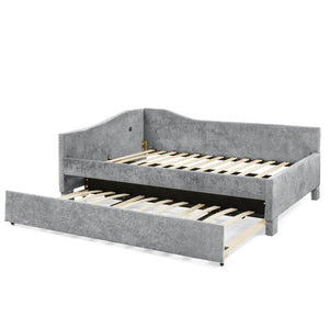 English Elm Twin Chenille Daybed with Pull Out Trundle Nailhead Trim and Built in Usb Charging Grey W1413S00201