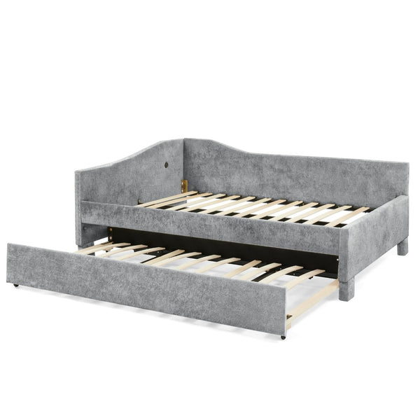 English Elm Twin Chenille Daybed with Pull Out Trundle Nailhead Trim and Built in Usb Charging Grey W1413S00201