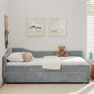 English Elm Twin Chenille Daybed with Pull Out Trundle Nailhead Trim and Built in Usb Charging Grey W1413S00201
