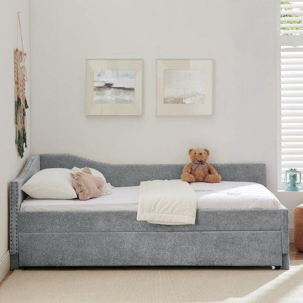 English Elm Twin Chenille Daybed with Pull Out Trundle Nailhead Trim and Built in Usb Charging Grey W1413S00201