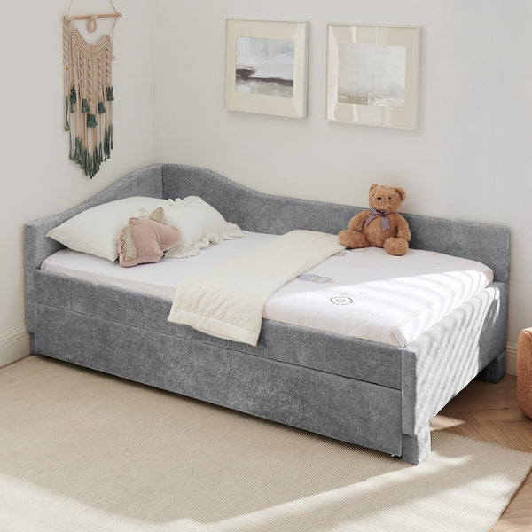English Elm Twin Chenille Daybed with Pull Out Trundle Nailhead Trim and Built in Usb Charging Grey W1413S00201