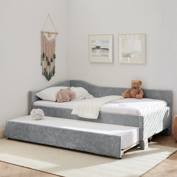 English Elm Twin Chenille Daybed with Pull Out Trundle Nailhead Trim and Built in Usb Charging Grey W1413S00201
