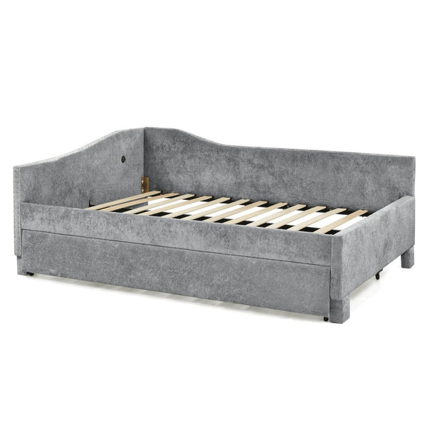 English Elm Twin Chenille Daybed with Pull Out Trundle Nailhead Trim and Built in Usb Charging Grey W1413S00201