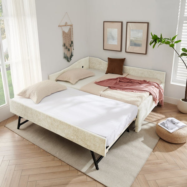 English Elm Full Chenille Daybed with Trundle Nailhead Trim Curved Backrest and Usb Charging Port Beige W1413S00202