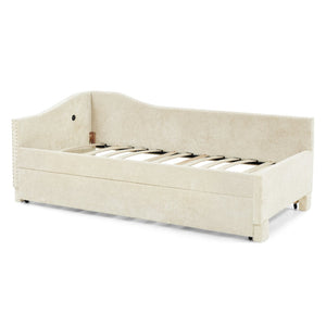 English Elm Full Chenille Daybed with Trundle Nailhead Trim Curved Backrest and Usb Charging Port Beige W1413S00202