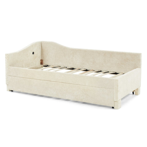 English Elm Full Chenille Daybed with Trundle Nailhead Trim Curved Backrest and Usb Charging Port Beige W1413S00202