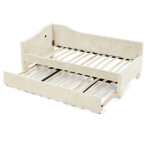 English Elm Full Chenille Daybed with Trundle Nailhead Trim Curved Backrest and Usb Charging Port Beige W1413S00202