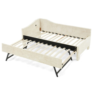 English Elm Full Chenille Daybed with Trundle Nailhead Trim Curved Backrest and Usb Charging Port Beige W1413S00202