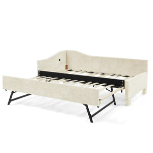 English Elm Full Chenille Daybed with Trundle Nailhead Trim Curved Backrest and Usb Charging Port Beige W1413S00202