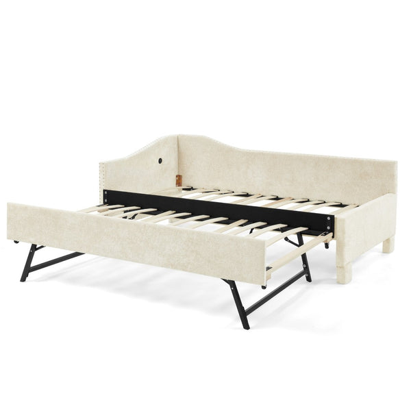 English Elm Full Chenille Daybed with Trundle Nailhead Trim Curved Backrest and Usb Charging Port Beige W1413S00202