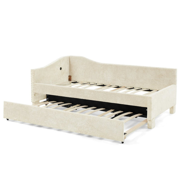 English Elm Full Chenille Daybed with Trundle Nailhead Trim Curved Backrest and Usb Charging Port Beige W1413S00202