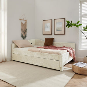 English Elm Full Chenille Daybed with Trundle Nailhead Trim Curved Backrest and Usb Charging Port Beige W1413S00202