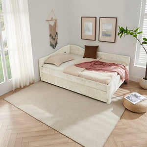 English Elm Full Chenille Daybed with Trundle Nailhead Trim Curved Backrest and Usb Charging Port Beige W1413S00202