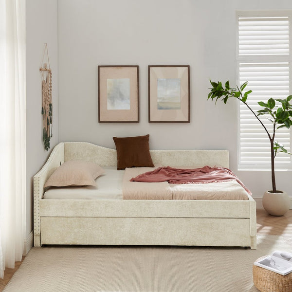 English Elm Full Chenille Daybed with Trundle Nailhead Trim Curved Backrest and Usb Charging Port Beige W1413S00202