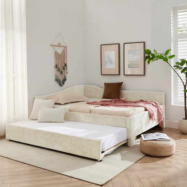 English Elm Full Chenille Daybed with Trundle Nailhead Trim Curved Backrest and Usb Charging Port Beige W1413S00202