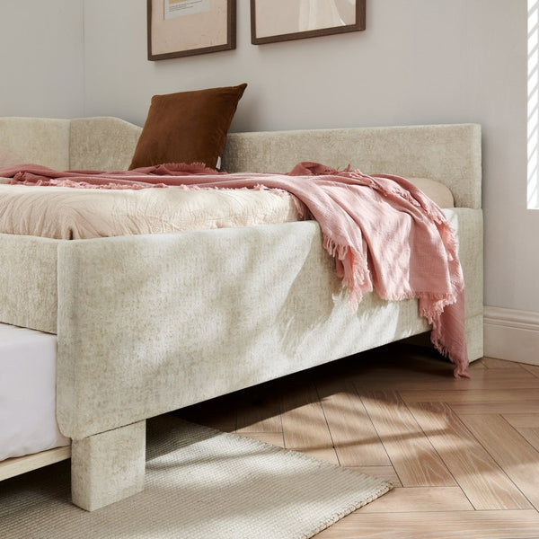 English Elm Full Chenille Daybed with Trundle Nailhead Trim Curved Backrest and Usb Charging Port Beige W1413S00202