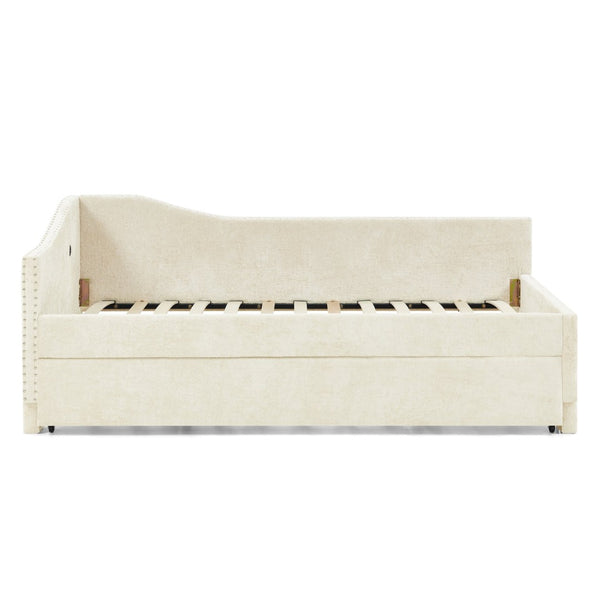 English Elm Full Chenille Daybed with Trundle Nailhead Trim Curved Backrest and Usb Charging Port Beige W1413S00202