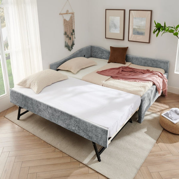English Elm Full Chenille Daybed with Trundle Nailhead Trim Curved Backrest and Usb Charging Port Grey W1413S00203