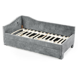 English Elm Full Chenille Daybed with Trundle Nailhead Trim Curved Backrest and Usb Charging Port Grey W1413S00203