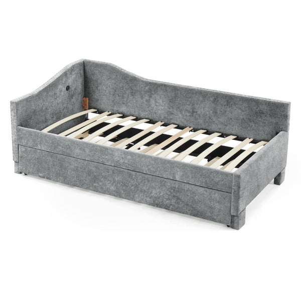 English Elm Full Chenille Daybed with Trundle Nailhead Trim Curved Backrest and Usb Charging Port Grey W1413S00203