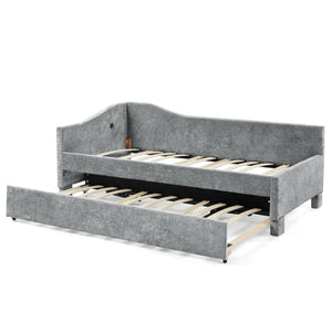 English Elm Full Chenille Daybed with Trundle Nailhead Trim Curved Backrest and Usb Charging Port Grey W1413S00203