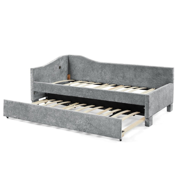 English Elm Full Chenille Daybed with Trundle Nailhead Trim Curved Backrest and Usb Charging Port Grey W1413S00203