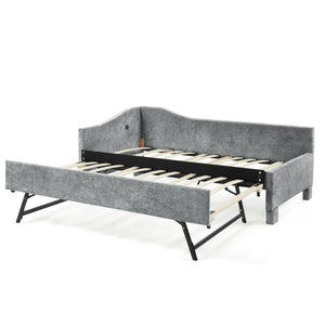 English Elm Full Chenille Daybed with Trundle Nailhead Trim Curved Backrest and Usb Charging Port Grey W1413S00203